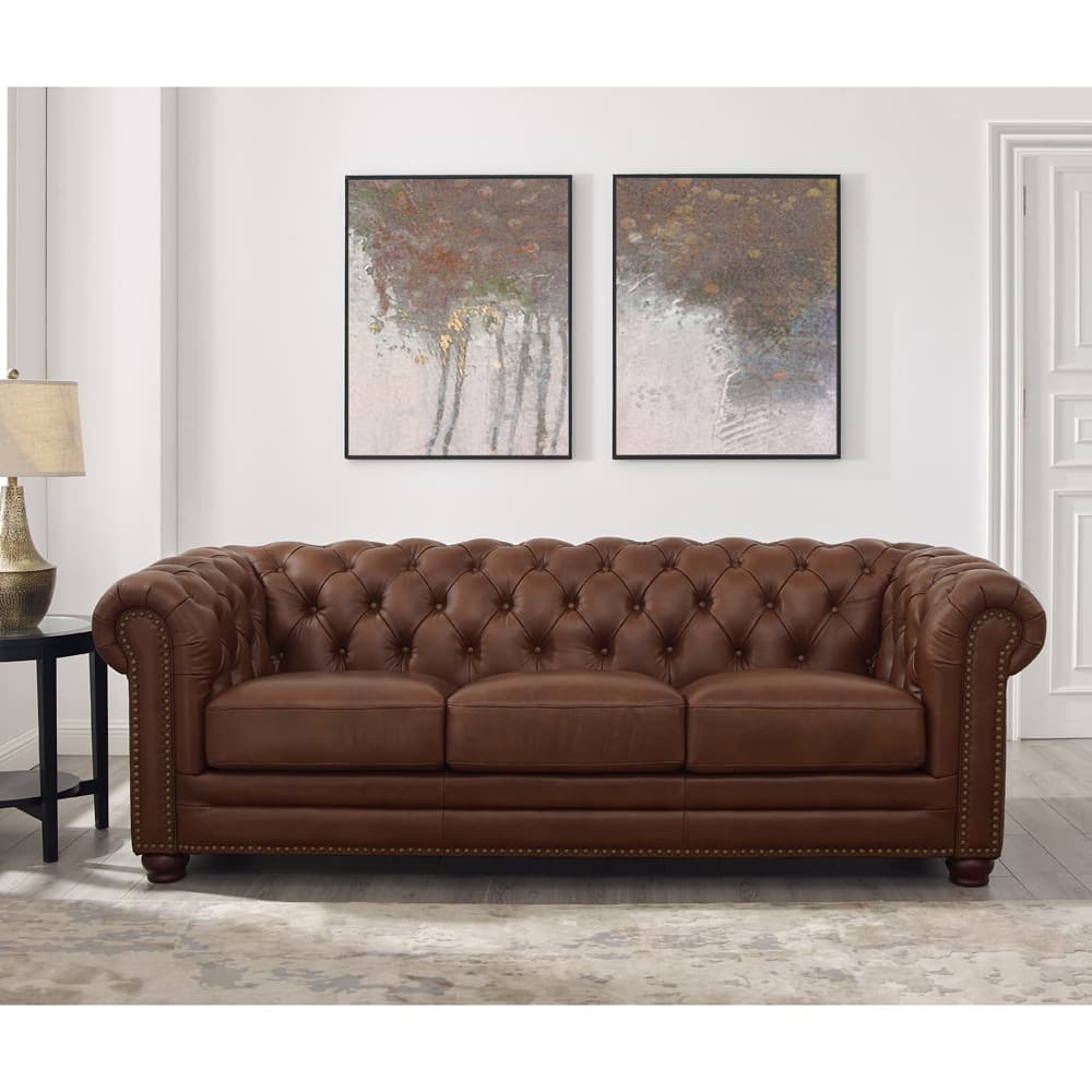 Hydeline Aliso Top Grain Leather Chesterfield Sofa with Feather, Memory Foam and Springs