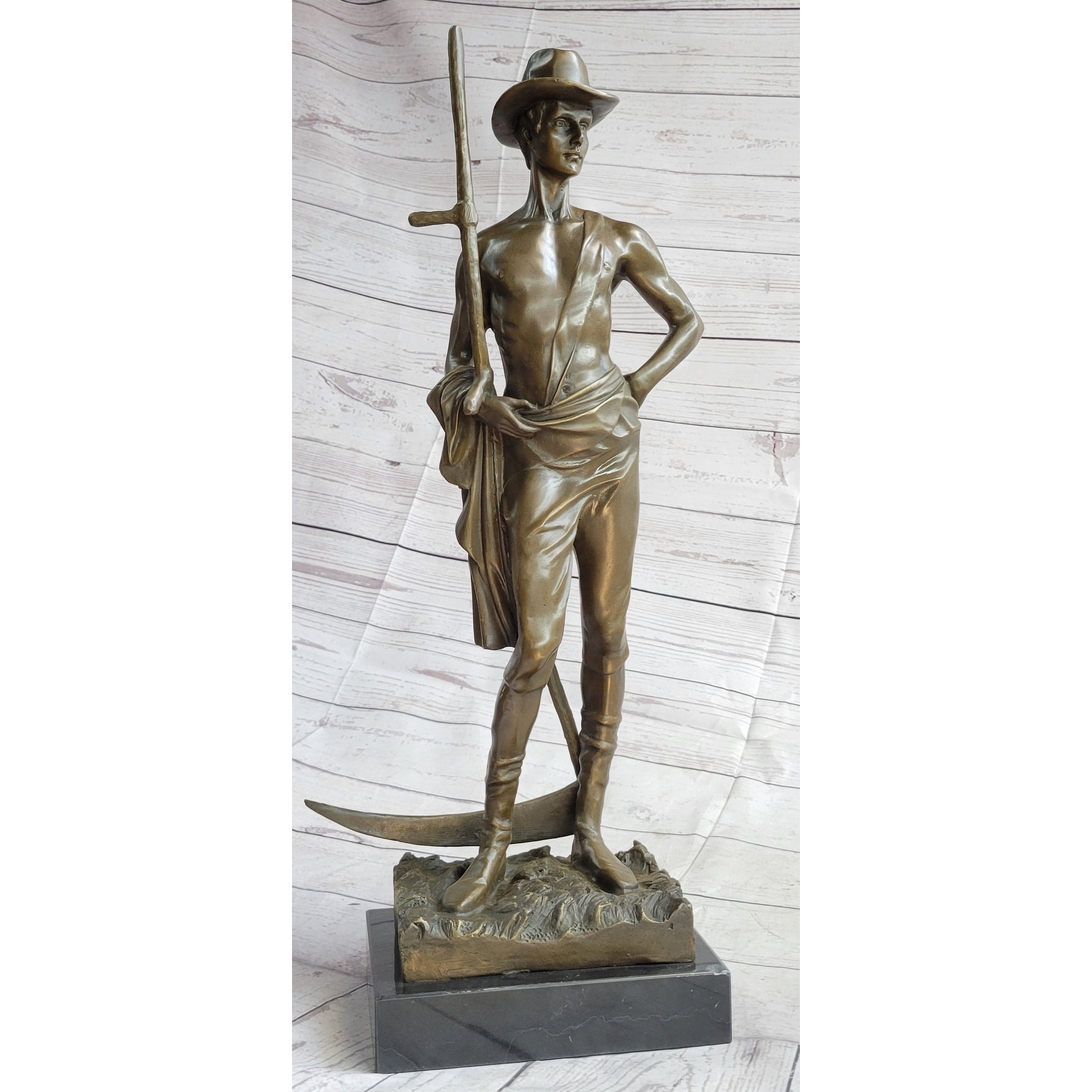 Shirtless Farmer Man With Scythe Farming Bronze Metal Sculpture Statue Decor 21 Inches X 7 Inches