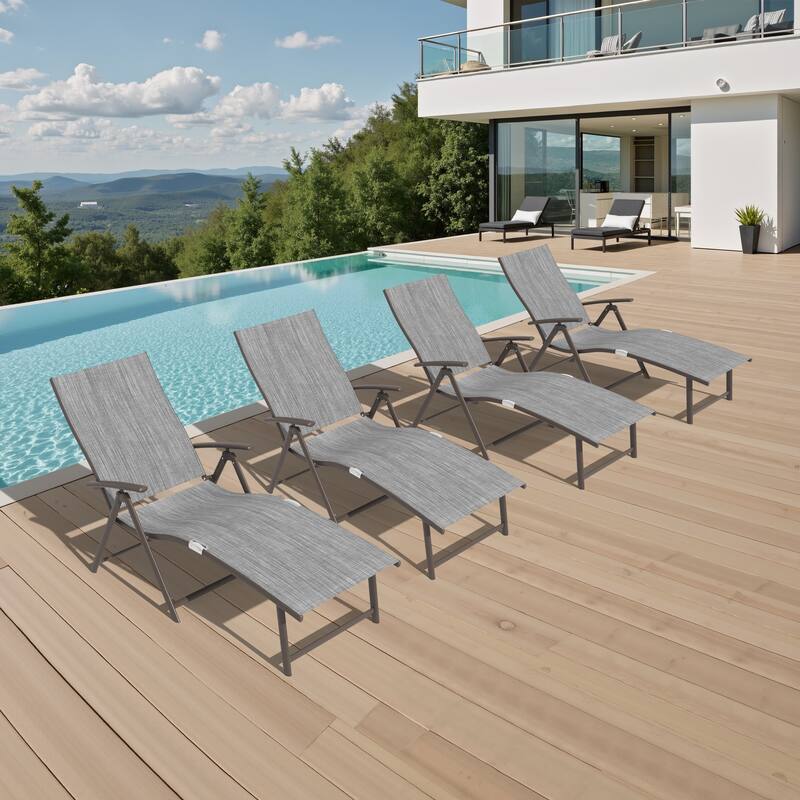 Crestlive Products Outdoor Aluminum Folding Adjustable Chaise Lounge Chair - FabricinBlack&GrayMixed - 4PC