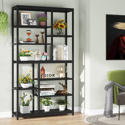 Staggered Bookcase Open Book Shelves Wood Etagere Display Shelf for Living Room