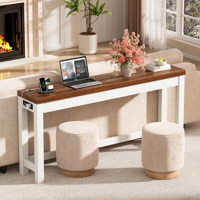 63-In Console Table with Charging Station, Farmhouse Entryway Table/ Behind Couch Table