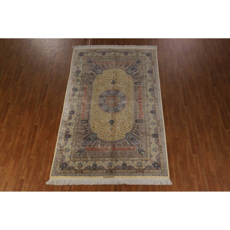 Hand Knotted Oriental 100% Silk Carpet Traditional Floral Yellow & Gold Qum Area Rug - 10' 2'' X 6' 5''