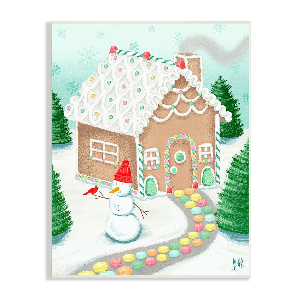 Stupell Playful Gingerbread House Christmas Landscape Happy Snowman Wood Wall Art
