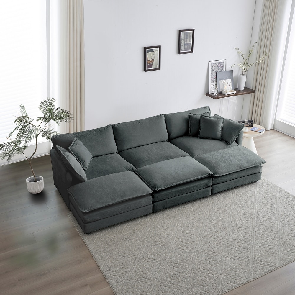 GDFStudio - Orinthia Chenille 3 Seater Sofa with 3 Ottomans with Toss and Arm Pillows