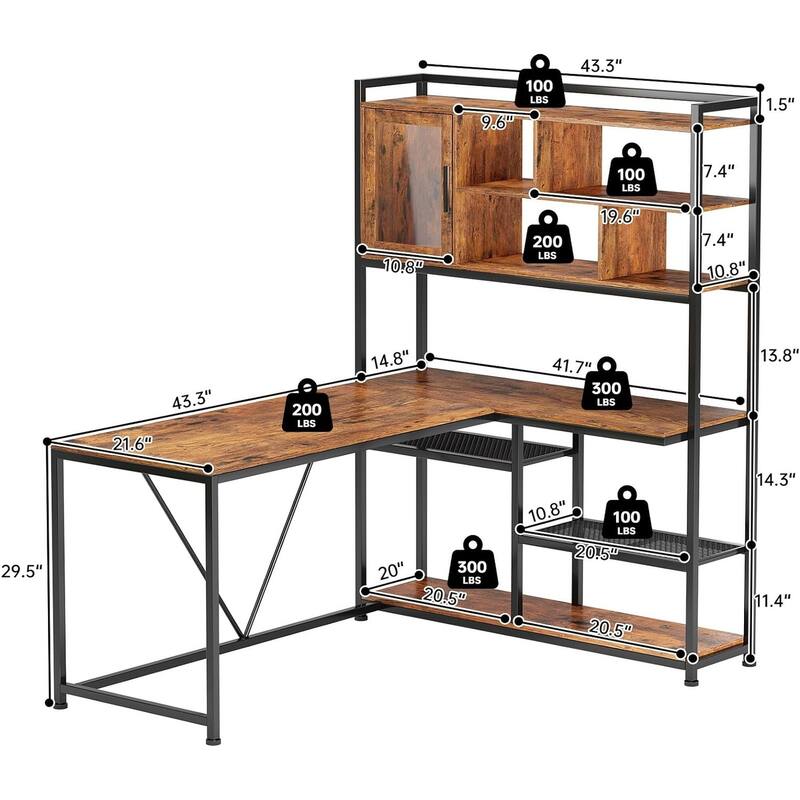 L Shaped Computer Gaming Corner Desk LED Light Storage Bookshelf