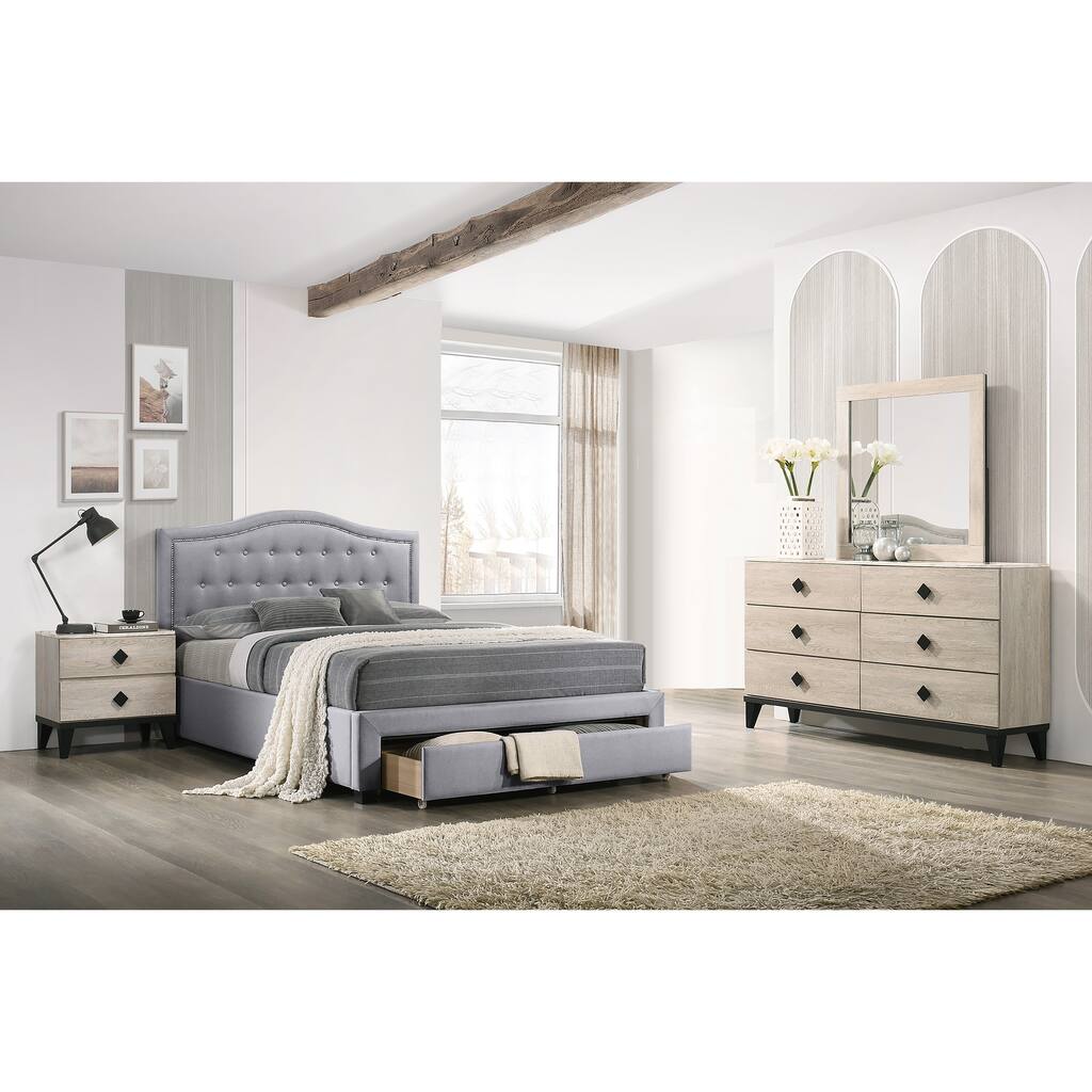 Transitional Style Bed Set Charcoal Finish Uphlstered Bed Button Tufted Headboard