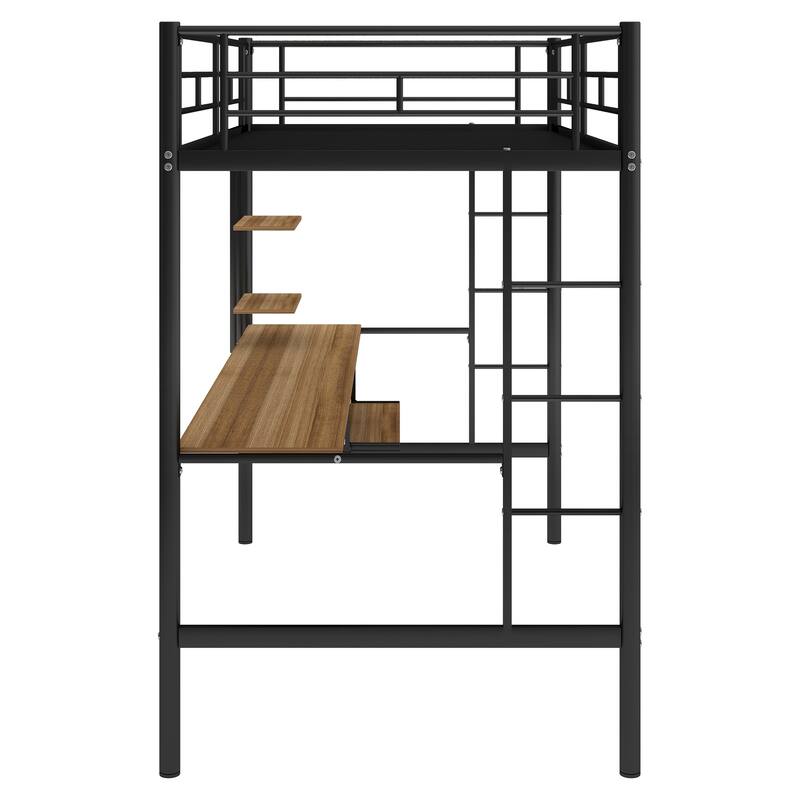 Twin Size Loft Bed with Desk and Shelf, Space Saving Design, Black