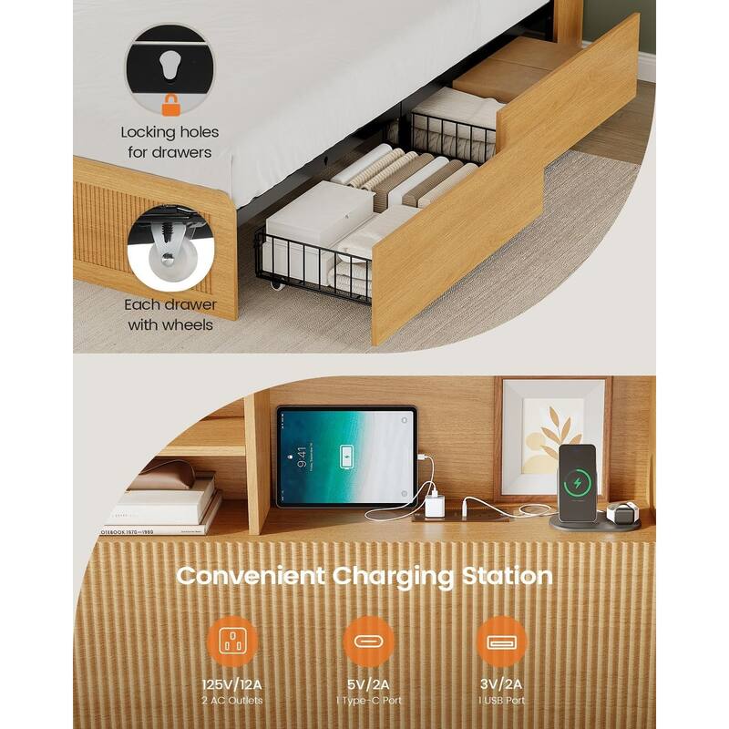 Bed Frame with 4 Storage Drawers and Hidden Storage Headboard Charging Station