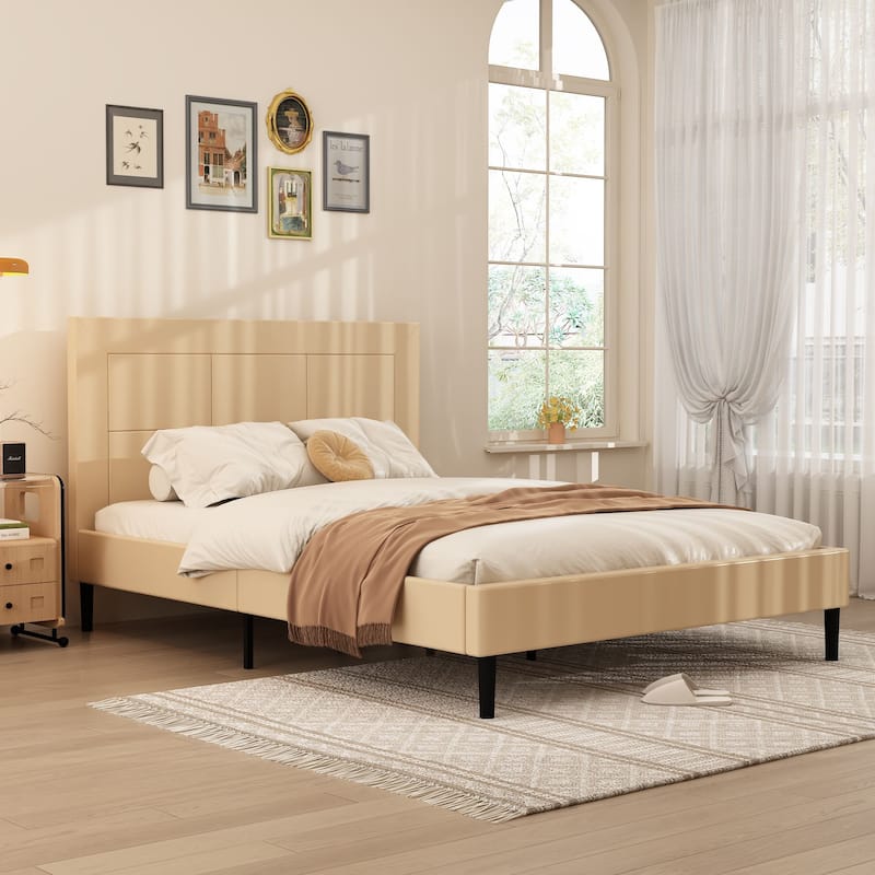 Queen Size Wood Slat Bed Frame with PU Leather Headboard