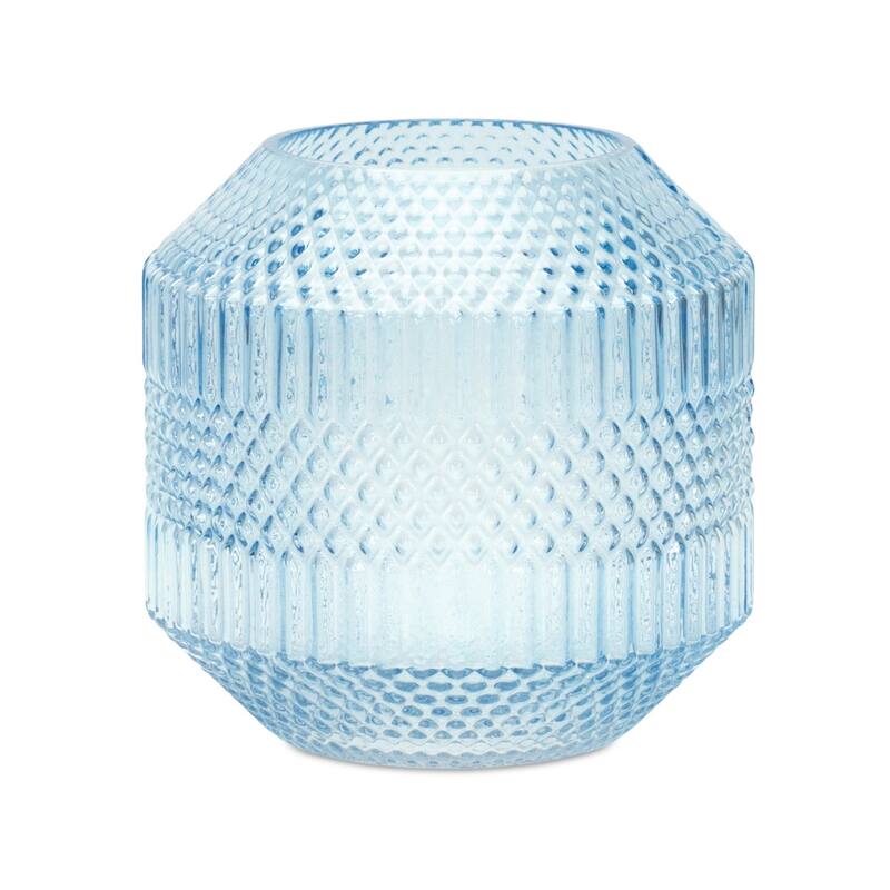 Blue Glass Geometric Textured Cylinder Table Vase for Living Room Decor - Blue