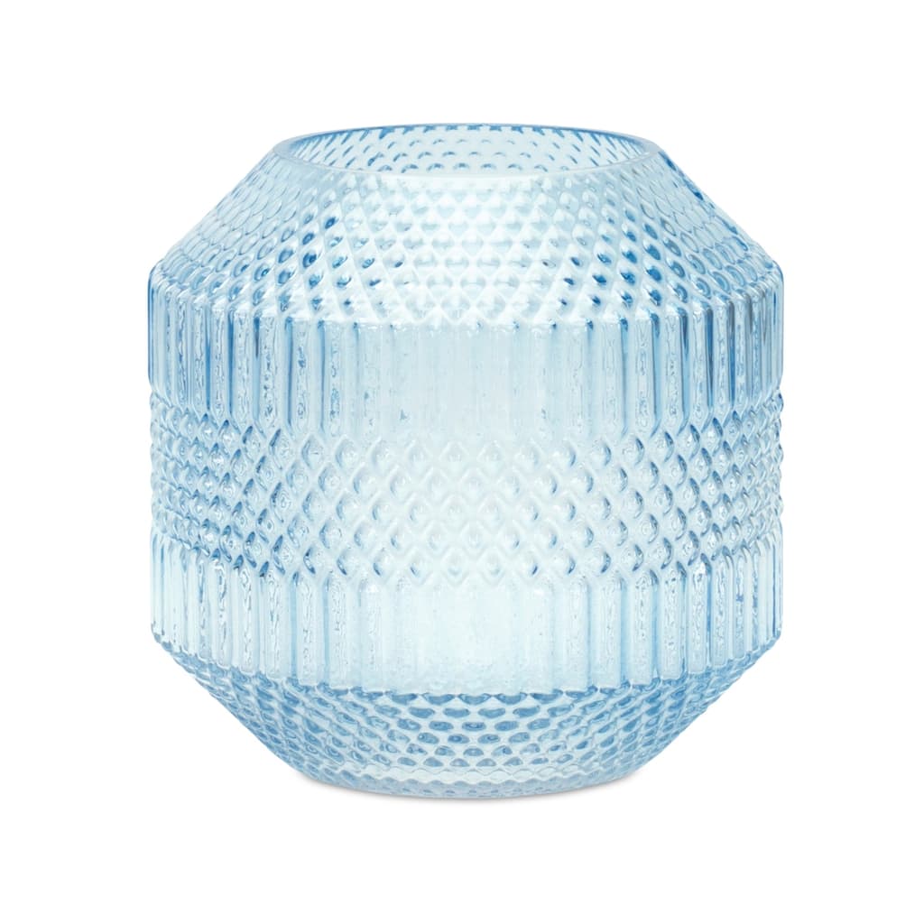 Blue Glass Geometric Textured Cylinder Table Vase for Living Room Decor