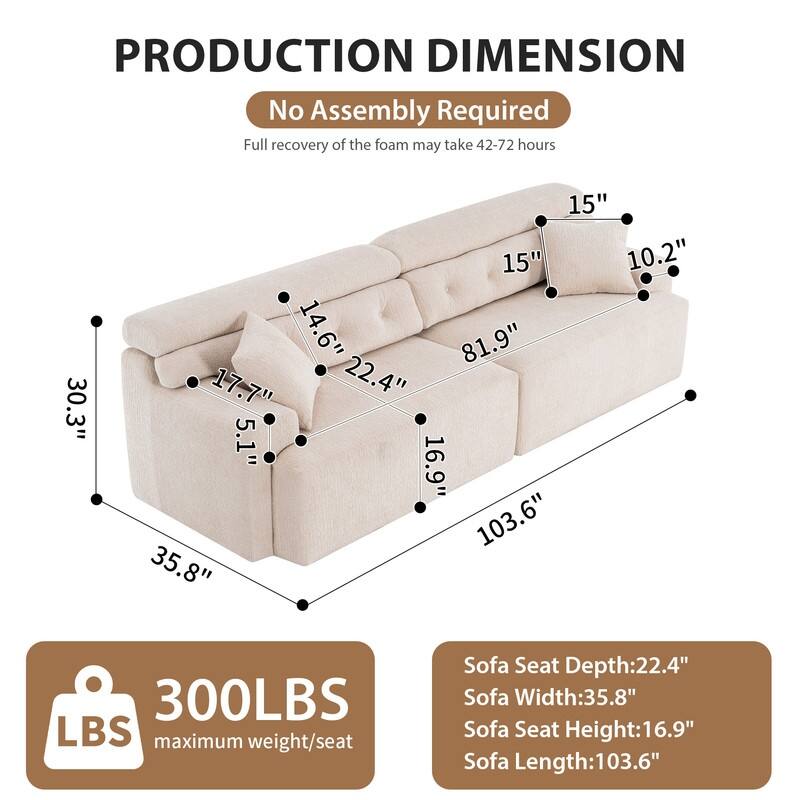 4-Seater Compression Sofa with Pillows, Wood Grain Chenille Fabric