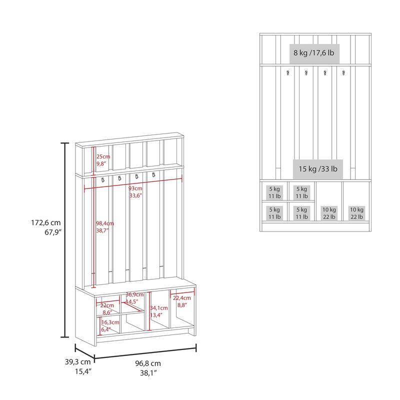 Compact Hall Tree with Bench, Coat Rack, Cubbies & Top Shelf - Ideal for Entryways and Mudrooms