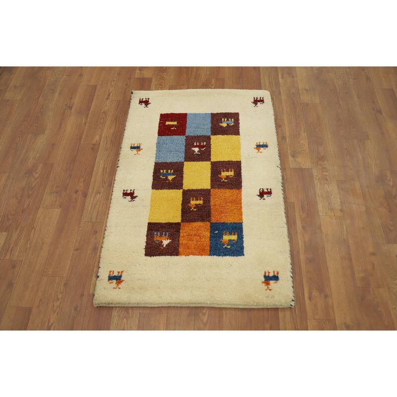Hand Knotted Oriental 100% Wool Carpet Tribal Animal Pictorial Beige & Ivories Gabbeh Area Rug - 3' 1'' X 2' 0''