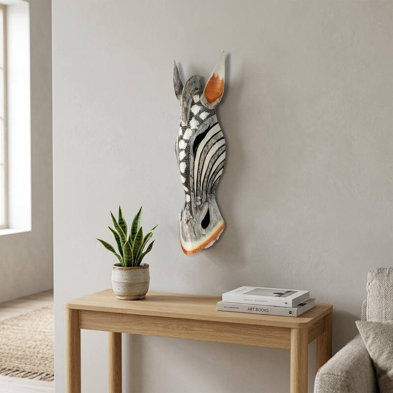 Wooden Tribal African Giraffe Mask Hand Carved Wall Plaque Hanging Decor Sculpture Decoration Handmade Handcrafted Pearl Motif
