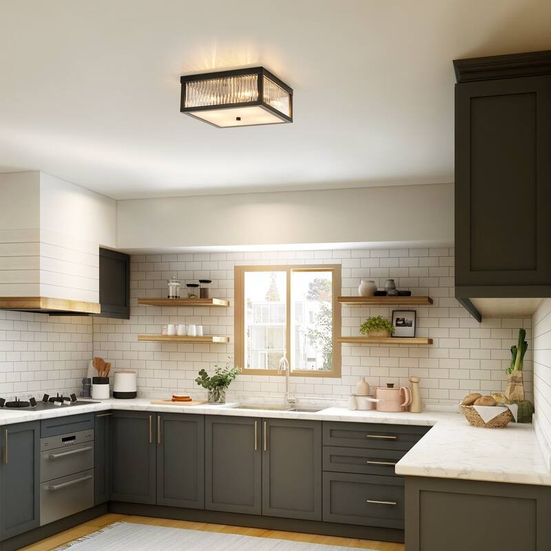 12.2 in. 4-Light Industrial Black/Gold Square Flush Mount Ceiling Light with Clear Glass Rods