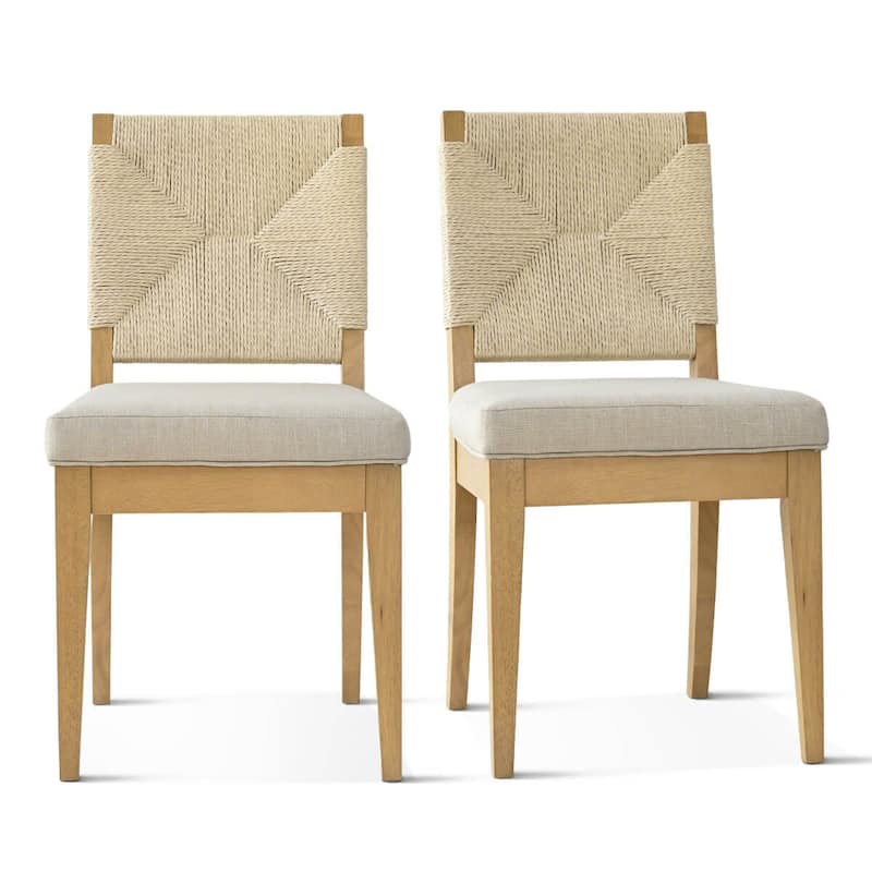 Upholstered Dining Chair with Woven Rope Back and Solid Wood Frame(Set of 2)