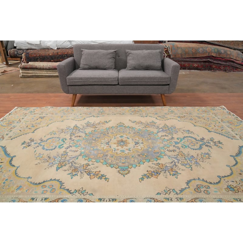 Hand Knotted Oriental 100% Wool Carpet Traditional Floral Beige & Ivories Tabriz Area Rug - 9' 10'' X 6' 6''