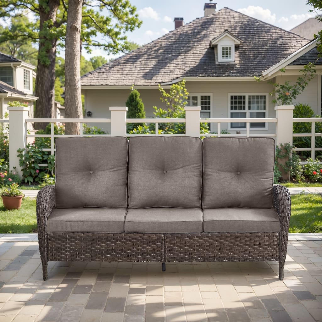 3-Seat Patio Wicker Sofa Soft Cushion Brown - Grey