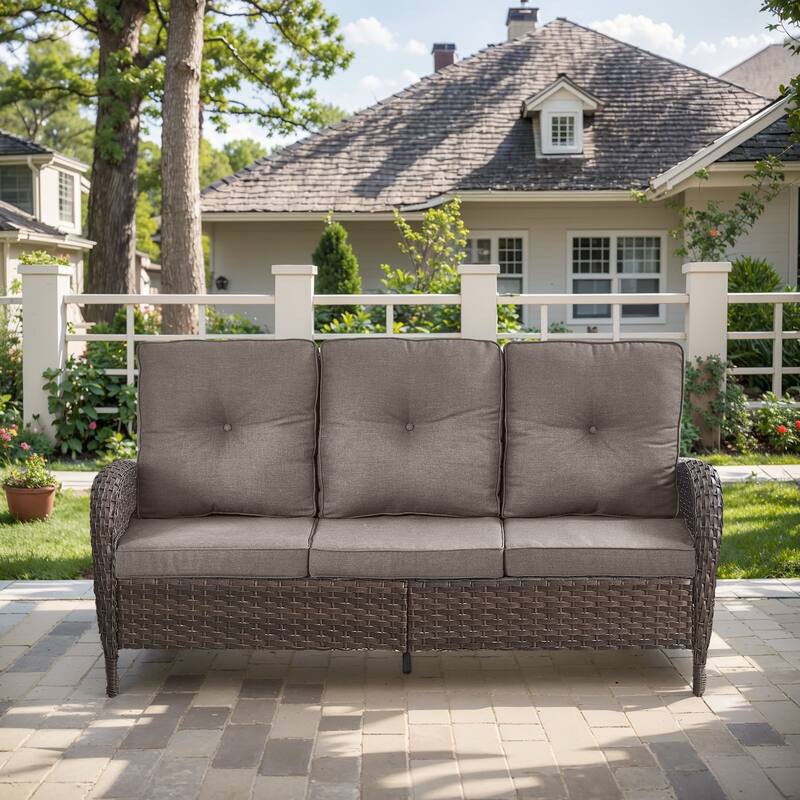 3-Seat Patio Wicker Sofa with Cushion - Grey - Brown