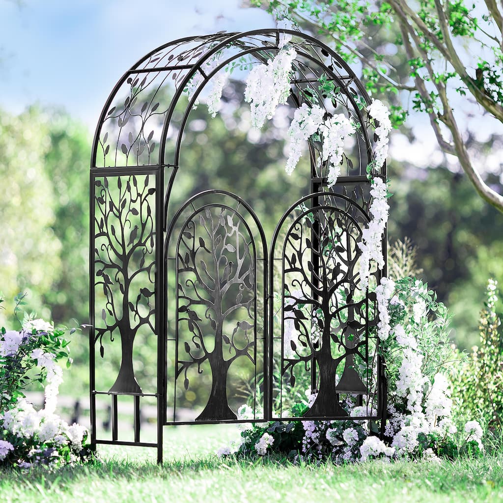 84" Metal Tree of Life Arched Garden Arbor with Gate
