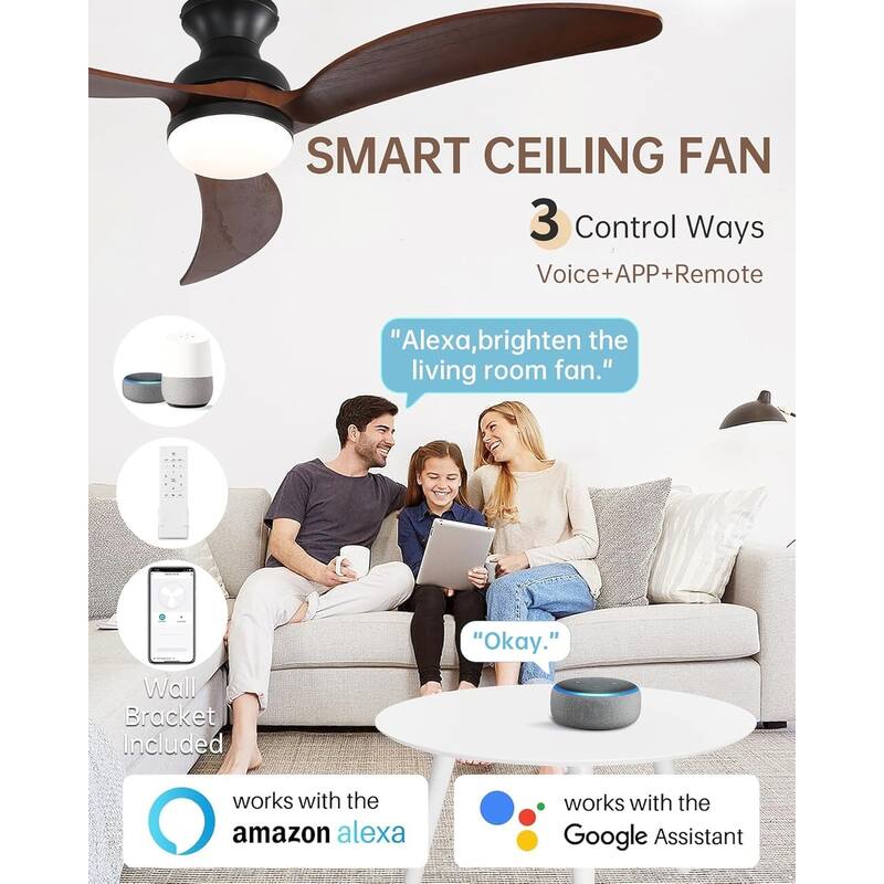 52" Low Profile Smart Ceiling Fan with LED Light, Remote or Phone APP Control,Black with Walnut Blades