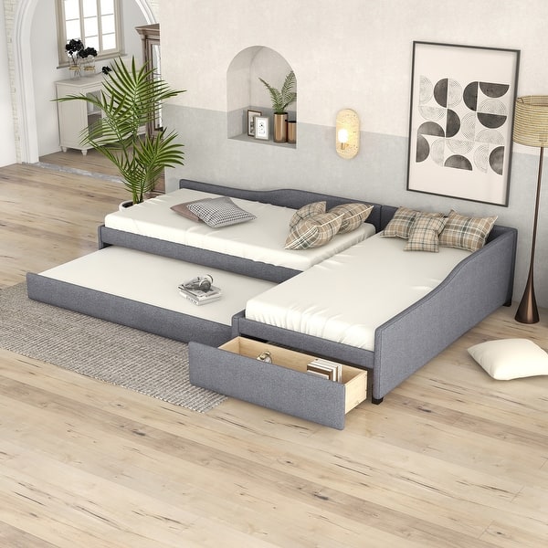 slide 2 of 30, Multifunctional Design，Upholstered Double Twin Size Daybed with Trundle and Drawer,Stable and Durable Bed Frame Gray