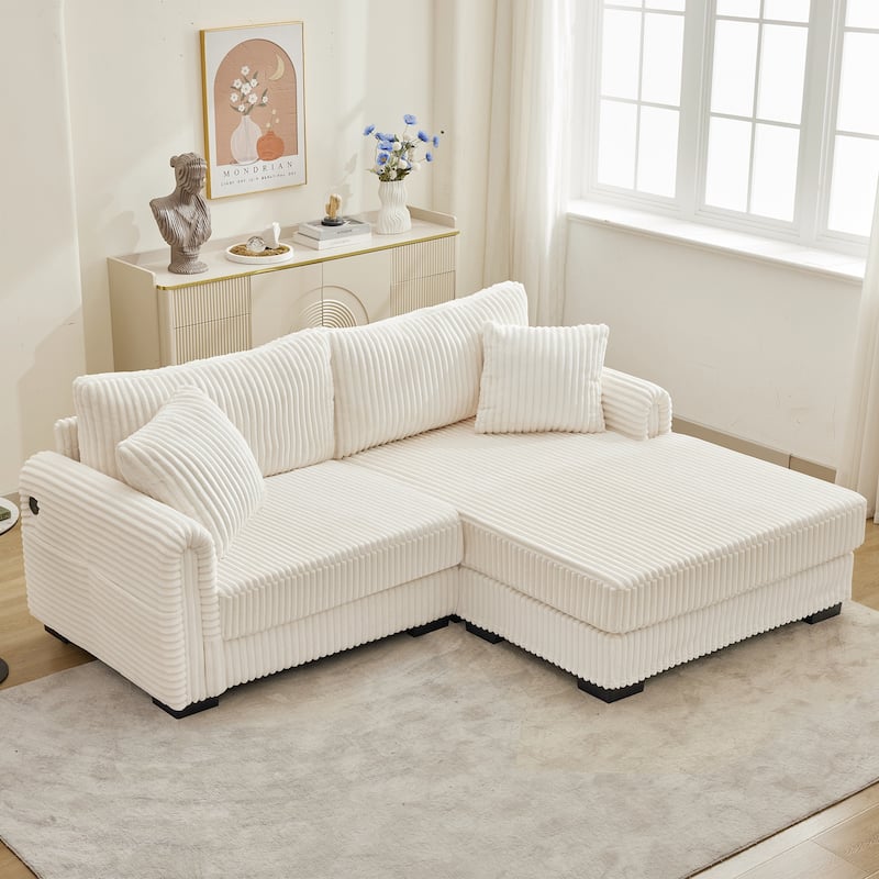 L-Shaped Sofa, 2 Seater Modular Sectional Sofa with Convertible Chaise, USB Ports, Corduroy Couch with Oversized Side Pocket