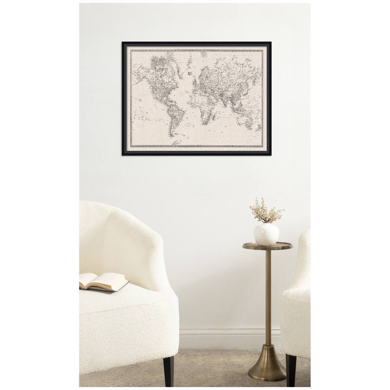 Kate and Laurel Framed Fabric Pinboard Vintage Black and White Linen World Map Wall Organization