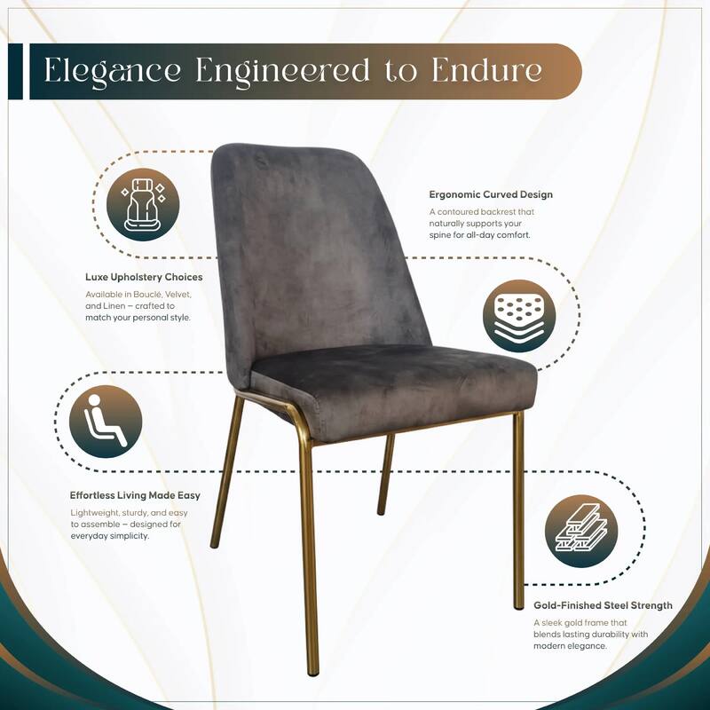 Lumen Modern Upholstered Kitchen Dining Chair with Gold Steel Legs Ergonomic Accent Chair