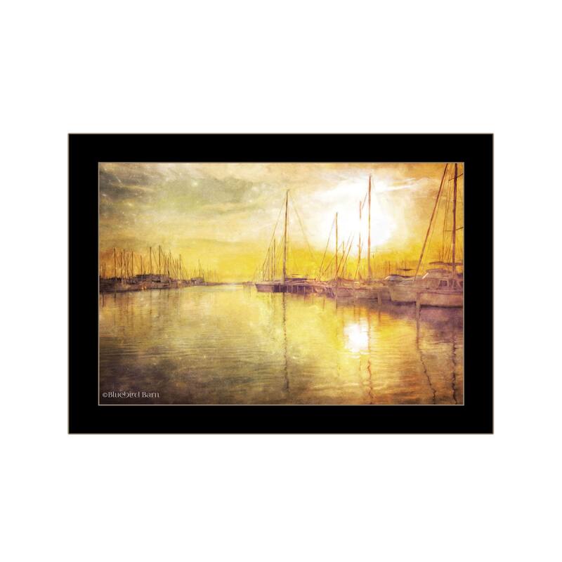 TrendyDecor4U Contemporary "Yellow Sunset Boats In Marina " Framed Print Wall Art - Black