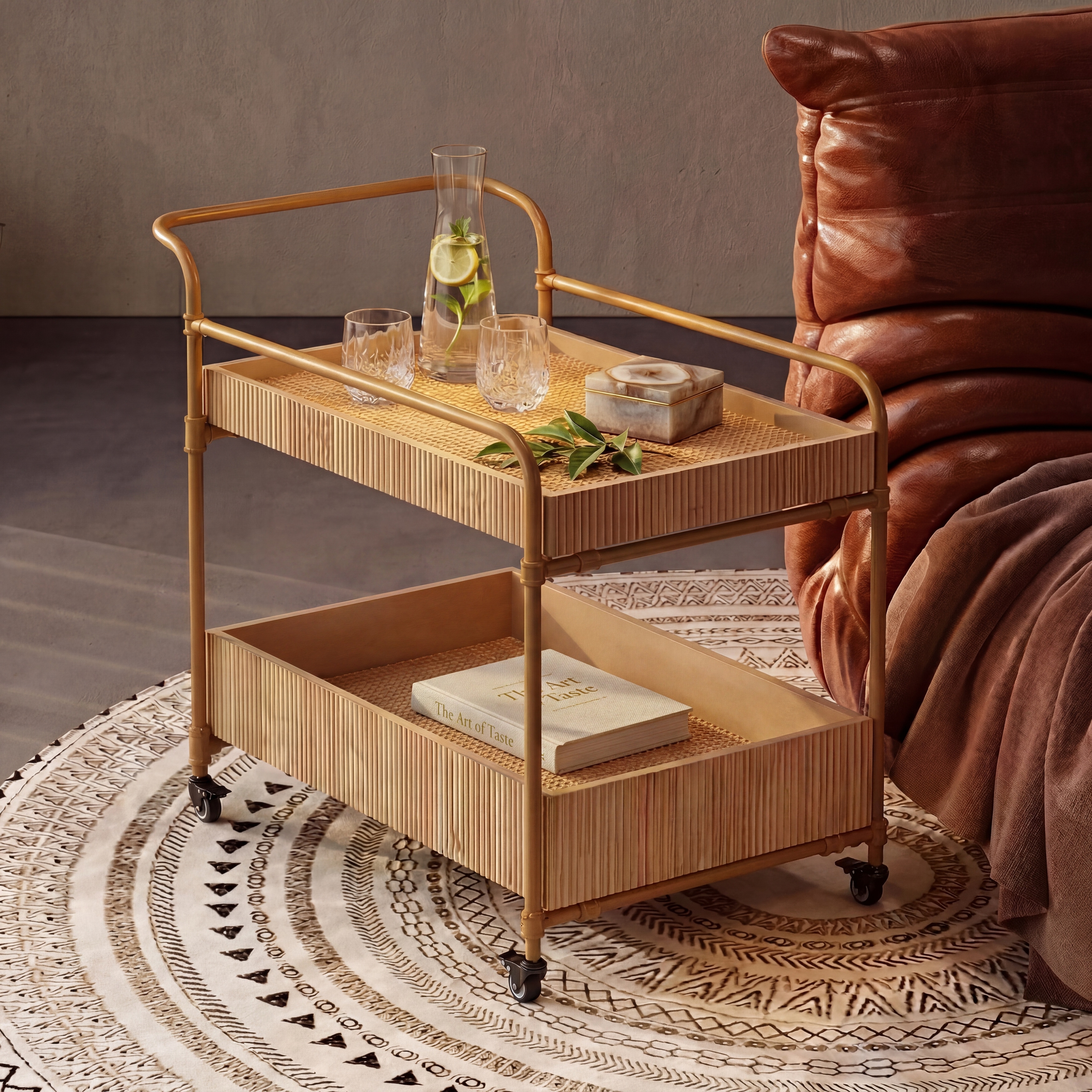 Christopher Knight Home - Industrial Bar Cart Wooden with 2-Tier Storage Trays and Lockable Casters