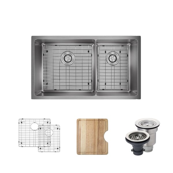 Rene R1-1037L 31-1/8" Double Basin Stainless Steel Kitchen Sink - Basin Rack, Basket Strainer, and Cutting Board Included