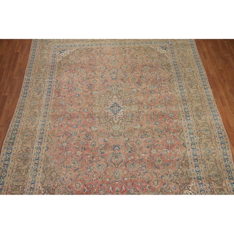 Hand Knotted Oriental 100% Wool Carpet Traditional Floral Pink Mashad Area Rug - 12' 5'' X 9' 4''