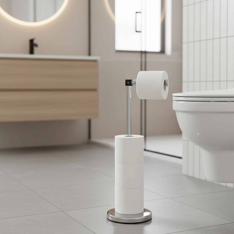Sleek Toilet Paper Holder with Folding Arm and Reserve Compact Freestanding Metal Holder - Diameter 8 inches X 22" H