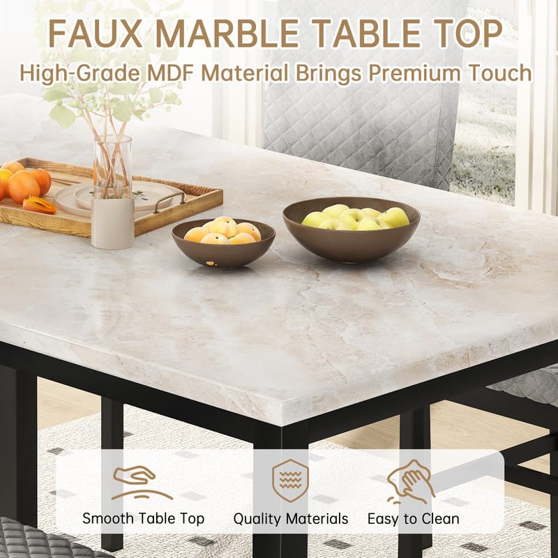 Grondin 5-Piece Dining Room Table Set with Faux Marble Table Top and Diamond Stitching Velvet Upholstery Dining Chairs