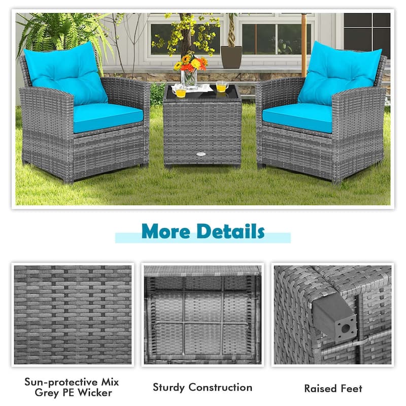 Costway 3PCS Patio Rattan Furniture Bistro Set Cushioned Sofas Side - See Details