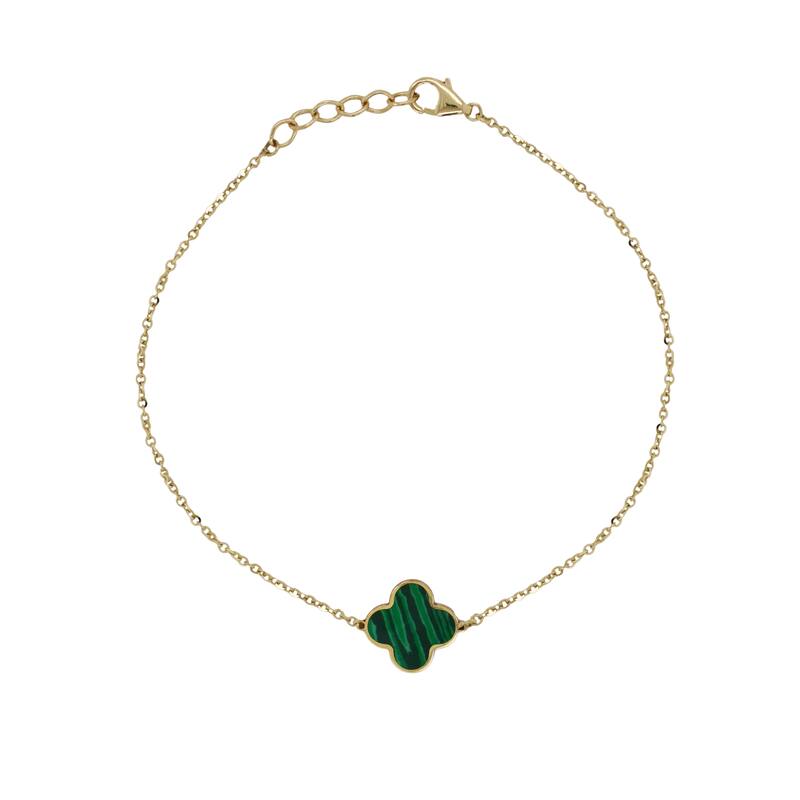 Italian Gold 14K Yellow Gold Single Clover Bracelet - Made in Italy 15mm Clover Size 1.40 grams - Malachite