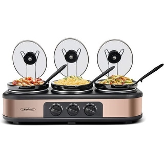 Triple Slow Cooker with 3 Spoons, 3 Pot 1.5 Quart Oval Crock Food Warmer Buffet Server, Stainless Steel, Size: 3 x 1.5 qt, Black