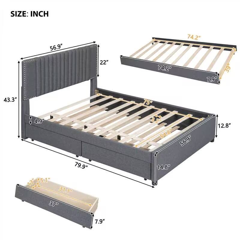 Linen Upholstered Platform Bed Vertical Lines Headboard with Nailhead Trim, Wood Panel Bed Frame 2 Drawers & Trundle Bed