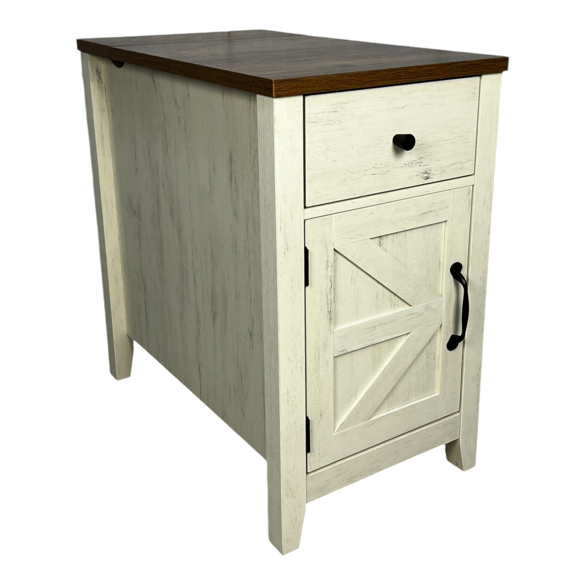 Farmhouse Chic End Table Nightstand with 2 AC and USB AC Charging, Drawer and Barn Door Cabinet for Living Room or Bedroom