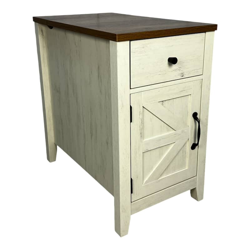 Rustic End Table with Charging Station, Drawer, and Barn Door for Bedroom or Living Room