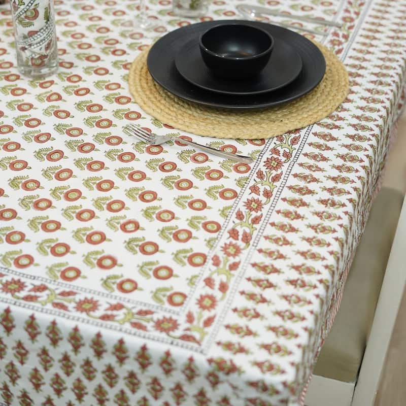Fabdivine Handmade Block Print Cotton Table Cover Farmhouse Dining Kitchen Decor Gift - 72"X118" - Arjun- Red, Light Green