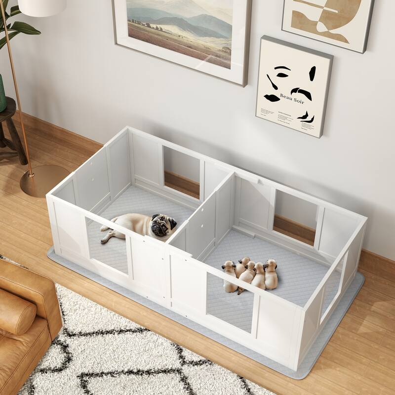 PawHut Whelping Box for Dogs with Waterproof Whelping Pad, Dog Whelping Pen with Clear Panels, 65" L x 31.5" W x 19" H