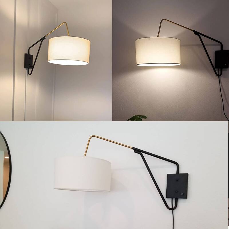 Hierro Mid-Century Fabric Plug-in Wall Light Swing Arm Wall Lamp - Black & Brass