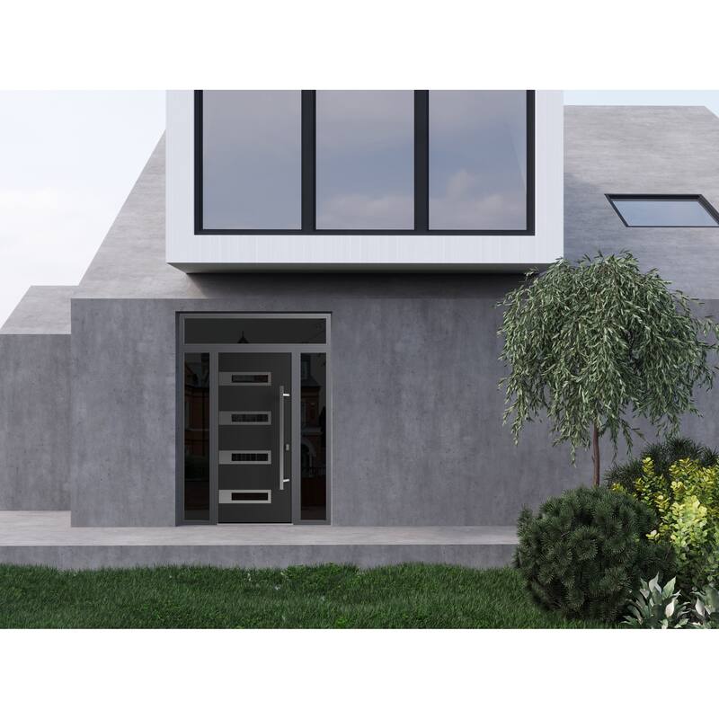 Front Exterior Prehung Steel Door Ronex 0131 Black Enamel Stainless Inserts Entry Metal Painted W36xH80 Left hand Inswing
