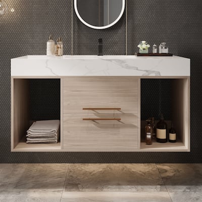 Modern Wall Mounted Bathroom Vanity Floating Storage Cabinet with Ceramic Sink, Faux Marble Countertop, Drawers and Open Shelves