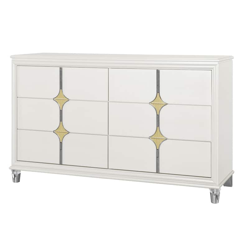 HomeRoots 63" White Wood With Gold Faux Crystal Bling Wood Six Drawer Double Dresser
