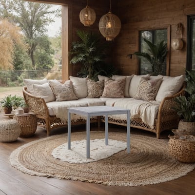 Outdoor Side End Table, 32 Inch Square Slatted Top, Sanded Gray Finish