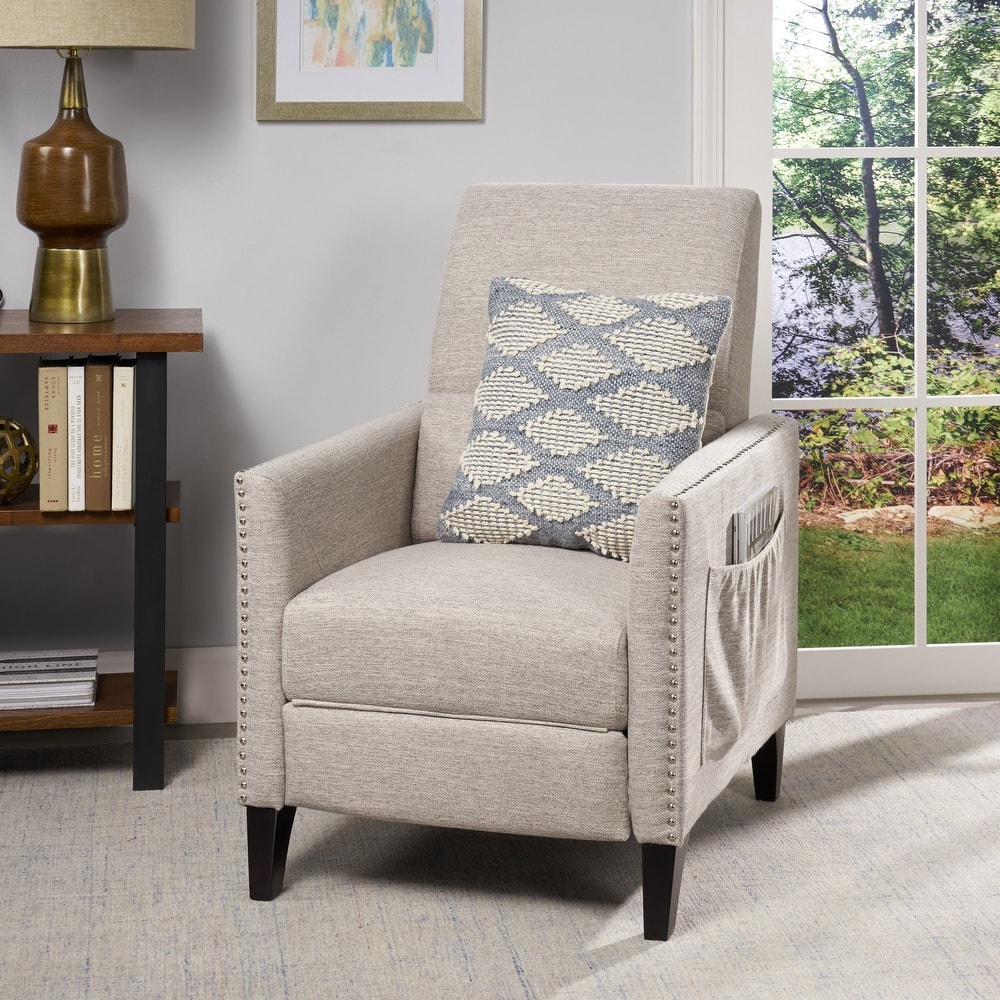 Modern Fabric Upholstered Push-Back Recliner with Footrest, Nailhead Accents, Birch Wood Legs